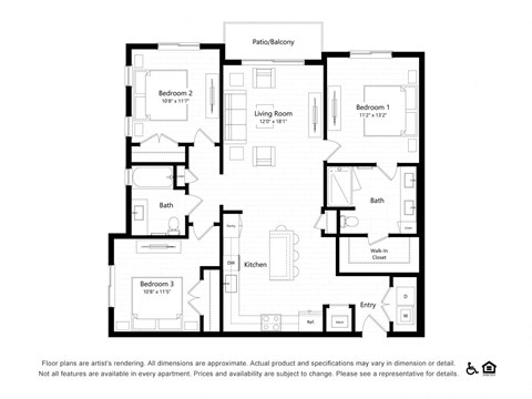 Floor plan for 3 beds, 2 baths, 1322 sqft
